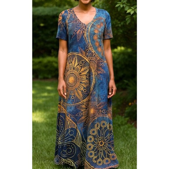 Just Fashion NOW Blue Mandala Maxi Dress L Double Split Boho Festival Vibe - Picture 1 of 7